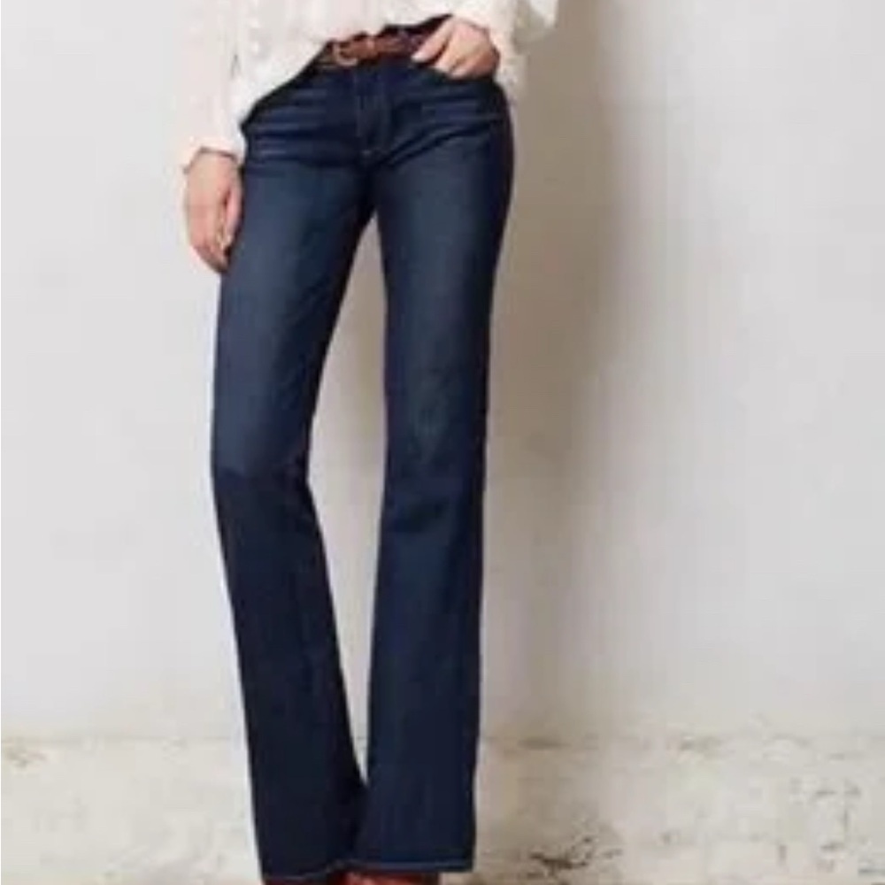 PAIGE Anthropologie Deep Dark Indigo Skyline Low Rise Bootcut Western Wide Jeans - Picture 4 of 15